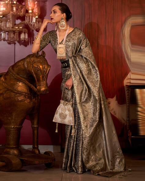 Olive Brown Stylish Party Wear Saree with Unstitched Blouse Piece ClothsVilla