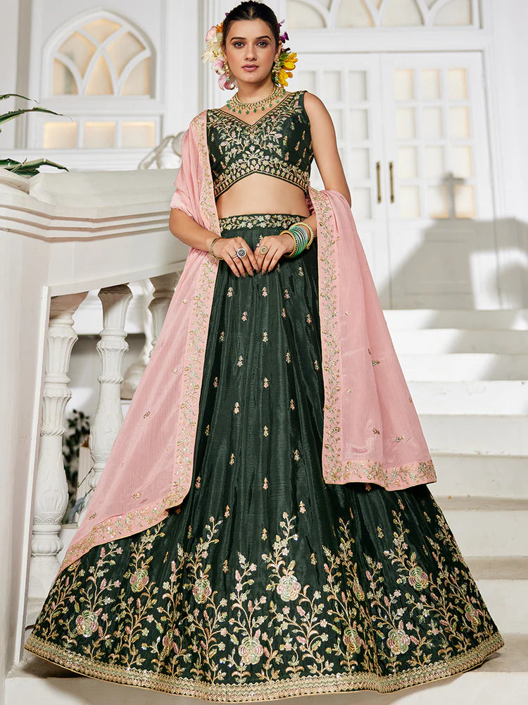 Olive Elegant Chiffon Embroidered Lehenga Set with Dupatta & Blouse ClothsVilla