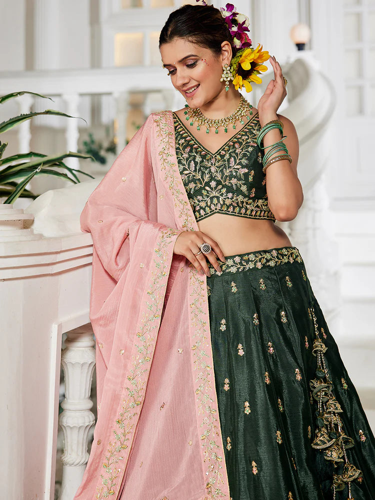 Olive Elegant Chiffon Embroidered Lehenga Set with Dupatta & Blouse ClothsVilla