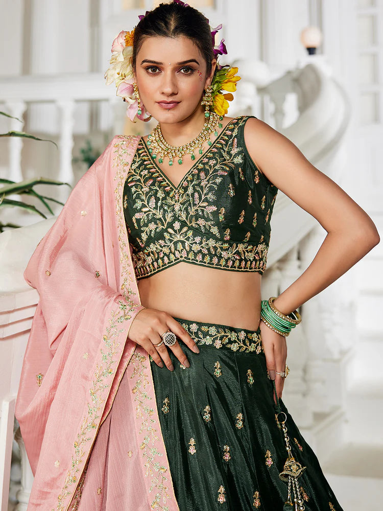 Olive Elegant Chiffon Embroidered Lehenga Set with Dupatta & Blouse ClothsVilla