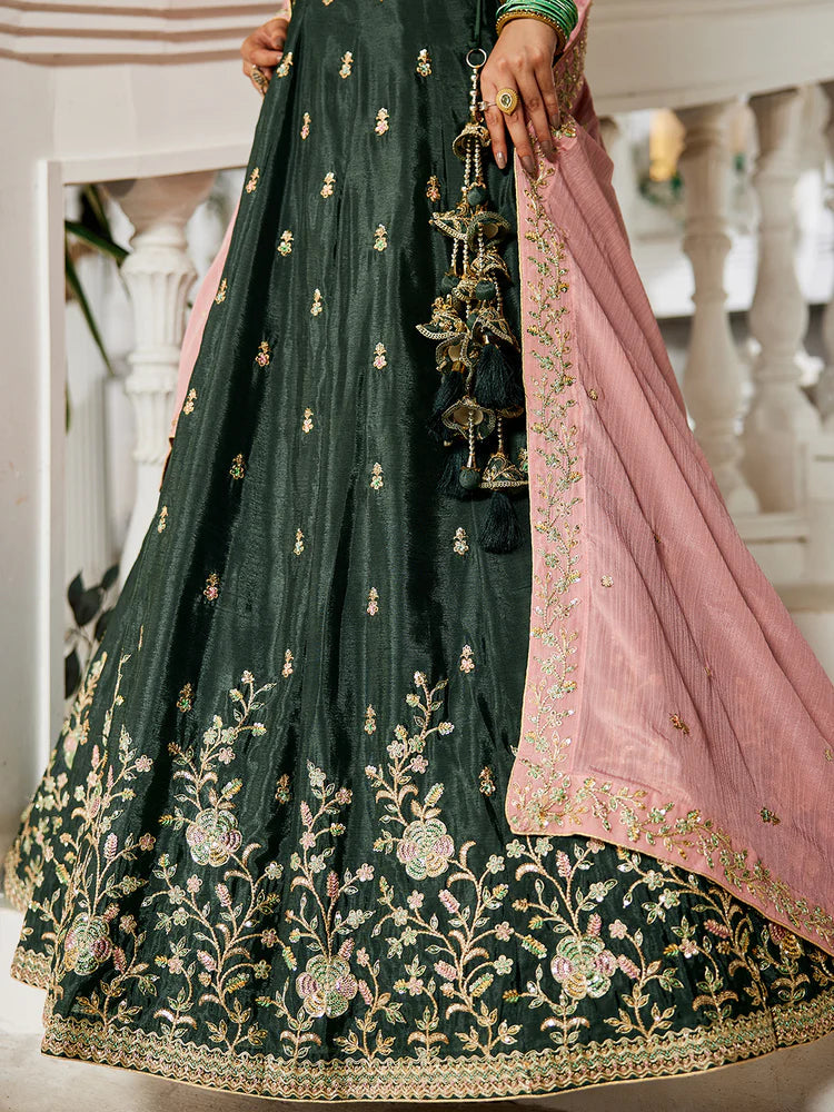 Olive Elegant Chiffon Embroidered Lehenga Set with Dupatta & Blouse ClothsVilla