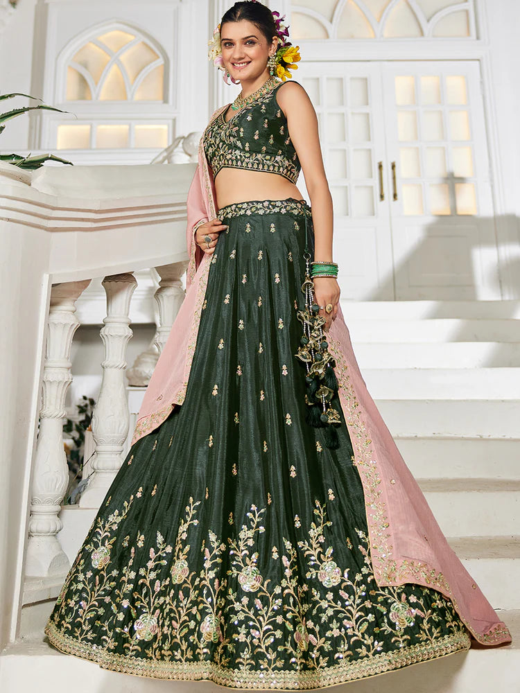 Olive Elegant Chiffon Embroidered Lehenga Set with Dupatta & Blouse ClothsVilla