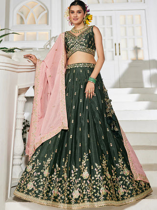 Olive Elegant Chiffon Embroidered Lehenga Set with Dupatta & Blouse ClothsVilla