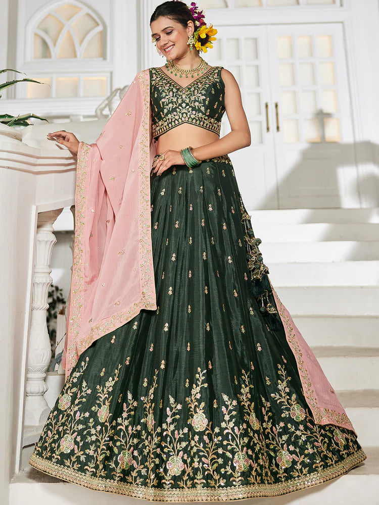 Olive Elegant Chiffon Embroidered Lehenga Set with Dupatta & Blouse ClothsVilla