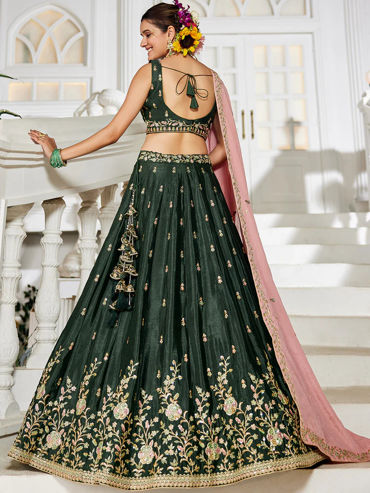 Olive Elegant Chiffon Embroidered Lehenga Set with Dupatta & Blouse ClothsVilla