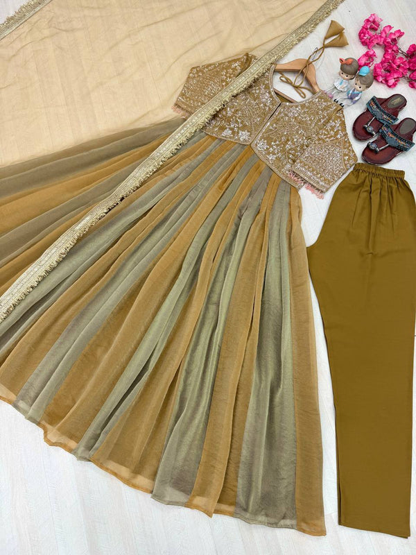 Olive Embroidered Beads Work Gown ClothsVilla
