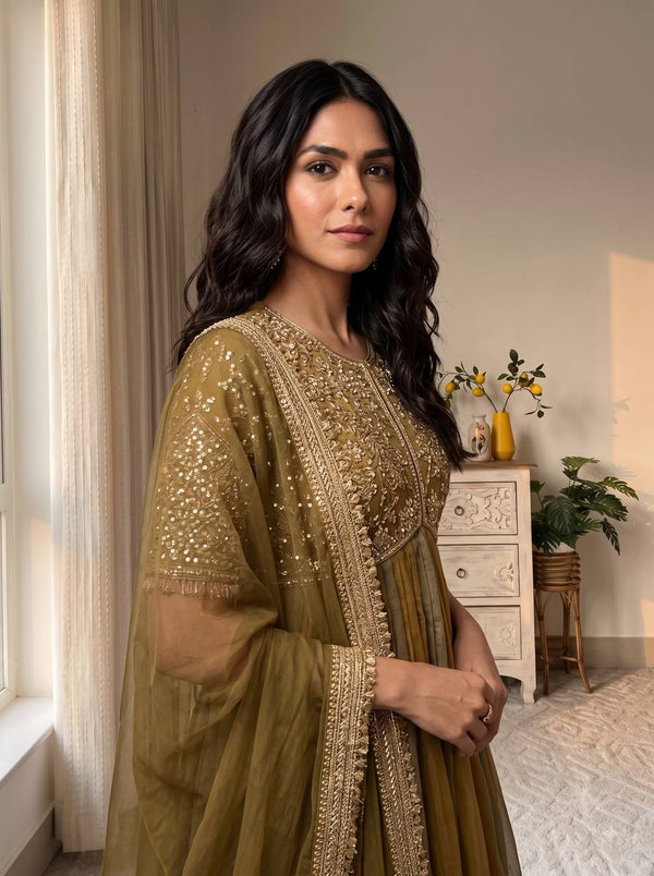 Olive Embroidered Beads Work Gown ClothsVilla