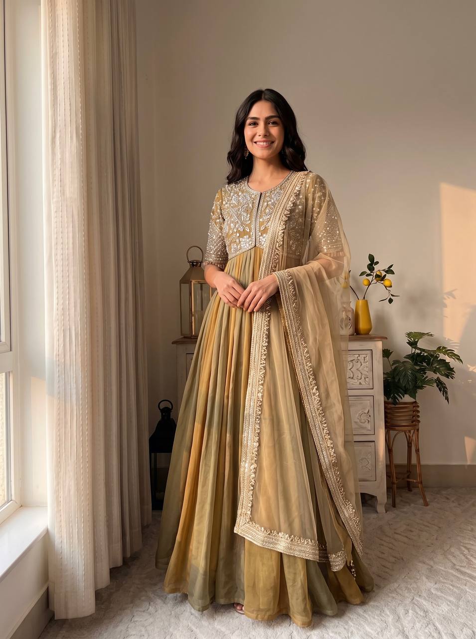 Olive Embroidered Beads Work Gown ClothsVilla
