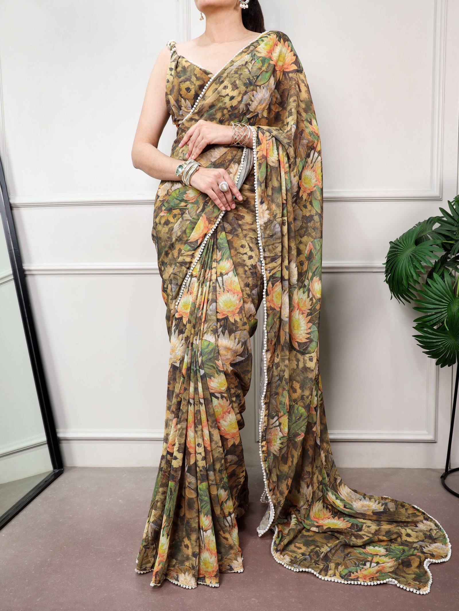 Olive Floral Saree with Pearl Lace ClothsVilla
