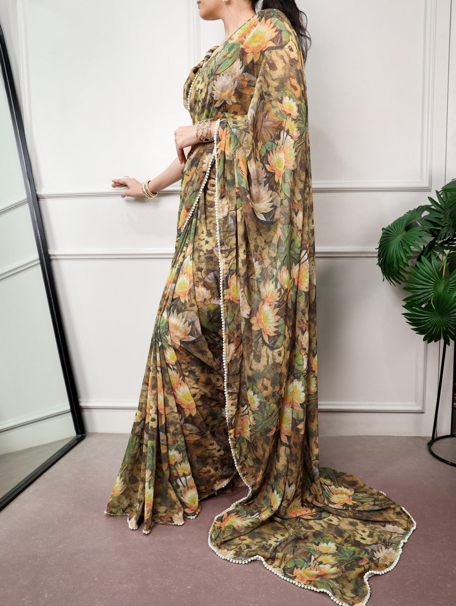 Olive Floral Saree with Pearl Lace ClothsVilla