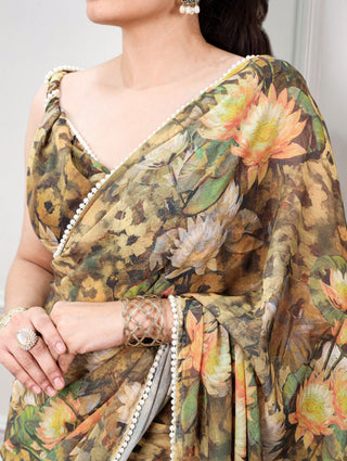 Olive Floral Saree with Pearl Lace ClothsVilla