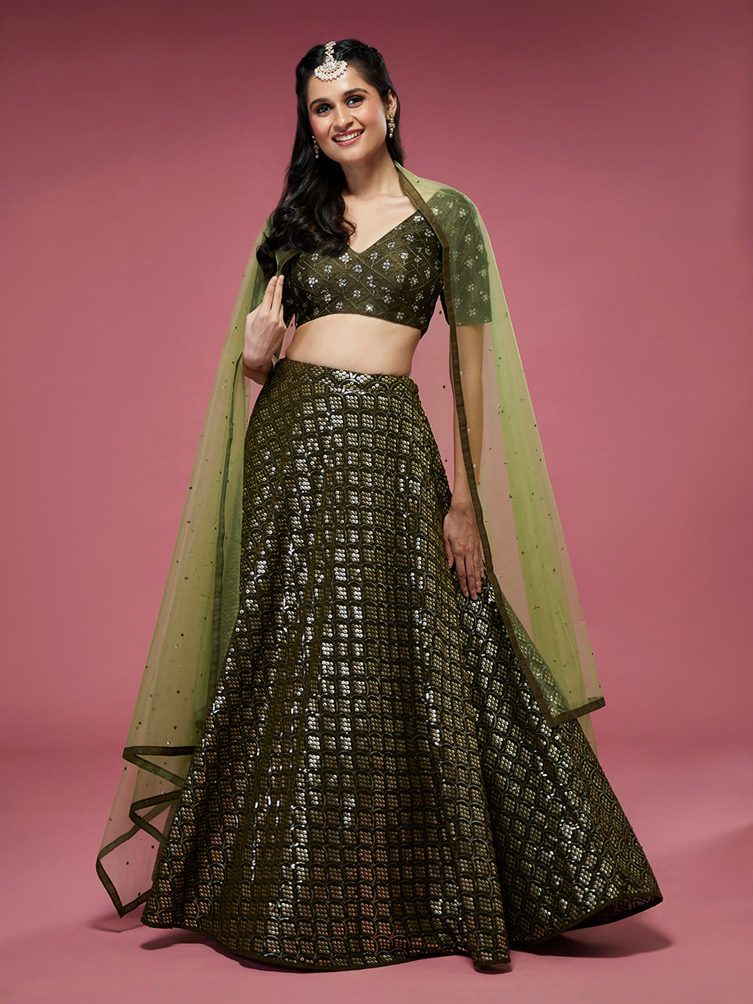 Olive Georgette Sequinse Embroidered Semi-Stitched Lehenga & Blouse with Dupatta Clothsvilla Main image