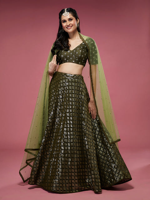 Olive Georgette Sequinse Embroidered Semi-Stitched Lehenga & Blouse with Dupatta Clothsvilla Main image