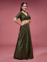 Load image into Gallery viewer, Olive Georgette Sequinse Embroidered Semi-Stitched Lehenga &amp; Blouse with Dupatta Clothsvilla