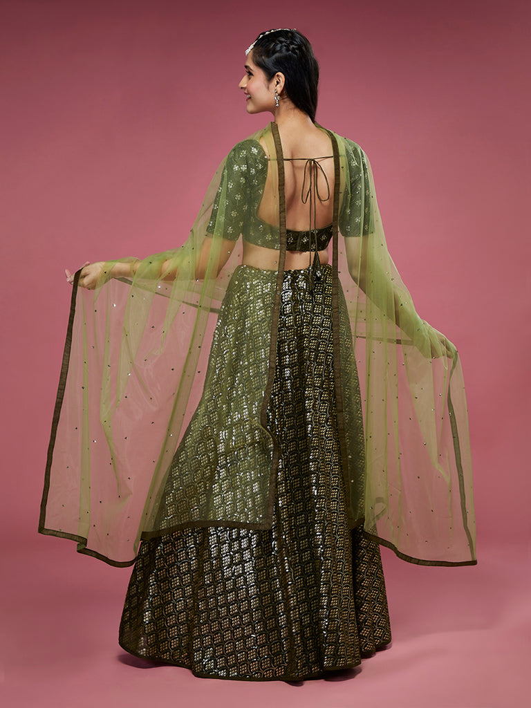 Olive Georgette Sequinse Embroidered Semi-Stitched Lehenga & Blouse with Dupatta Clothsvilla