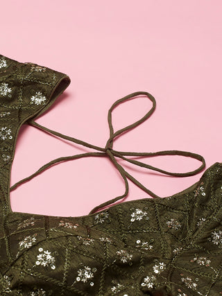 Olive Georgette Sequinse Embroidered Semi-Stitched Lehenga & Blouse with Dupatta Clothsvilla
