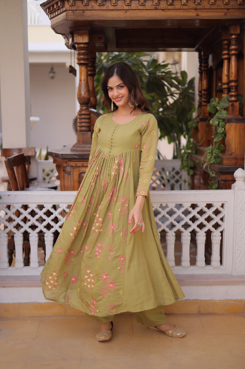 Olive Green Chanderi Kurti Pant Set Clothsvilla