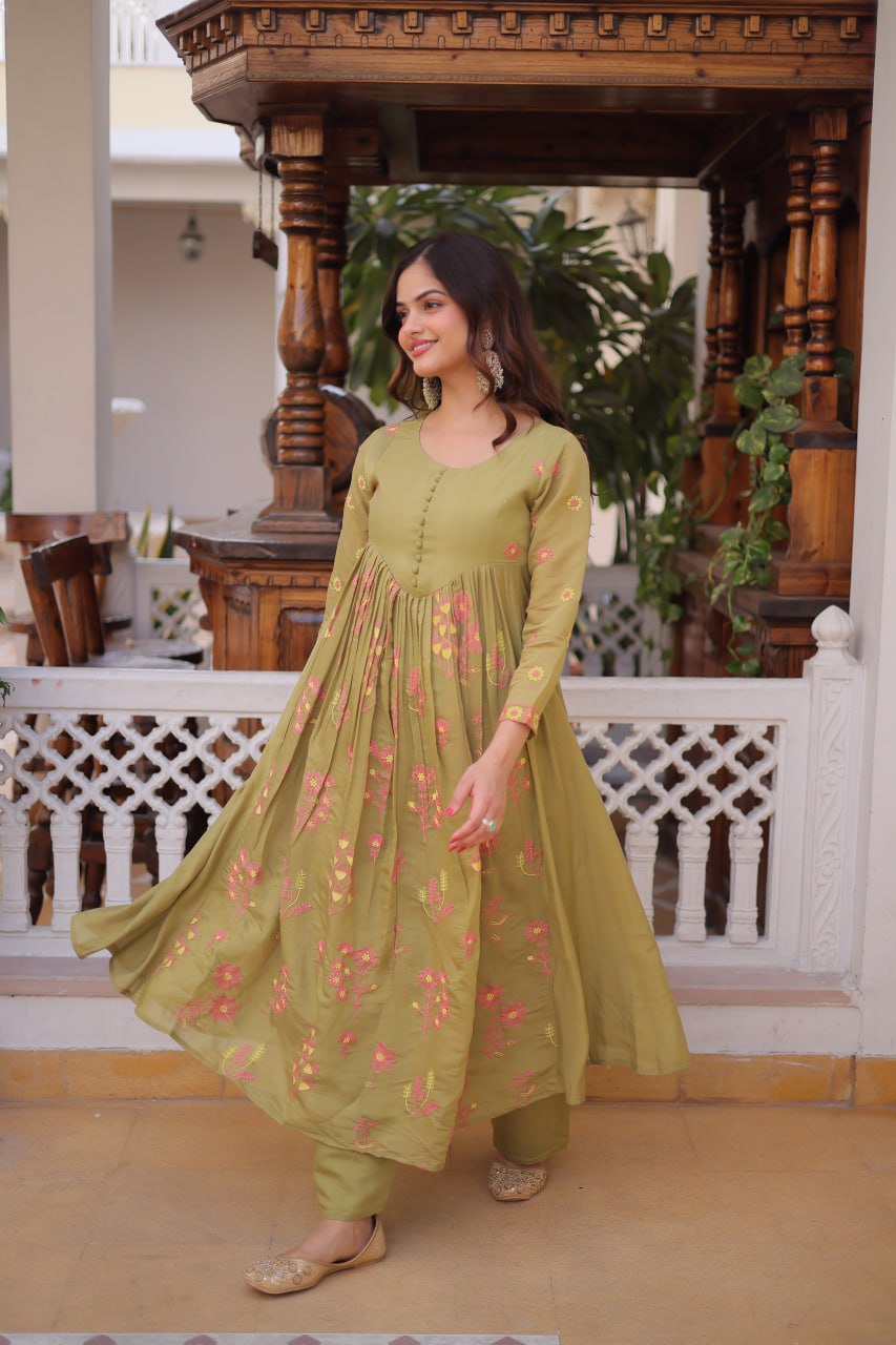 Olive Green Chanderi Kurti Pant Set Clothsvilla