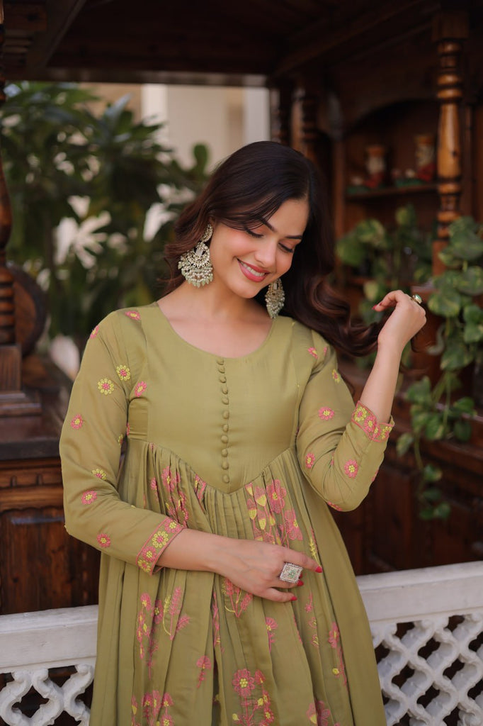 Olive Green Chanderi Kurti Pant Set Clothsvilla