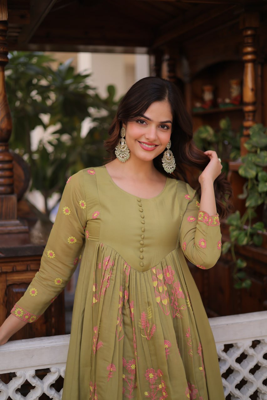 Olive Green Chanderi Kurti Pant Set Clothsvilla