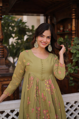 Olive Green Chanderi Kurti Pant Set Clothsvilla