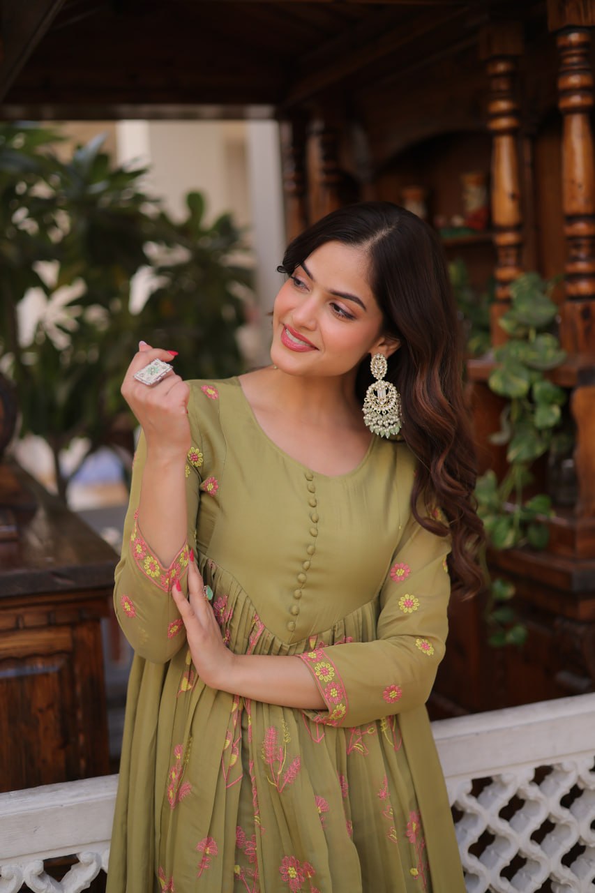 Olive Green Chanderi Kurti Pant Set Clothsvilla