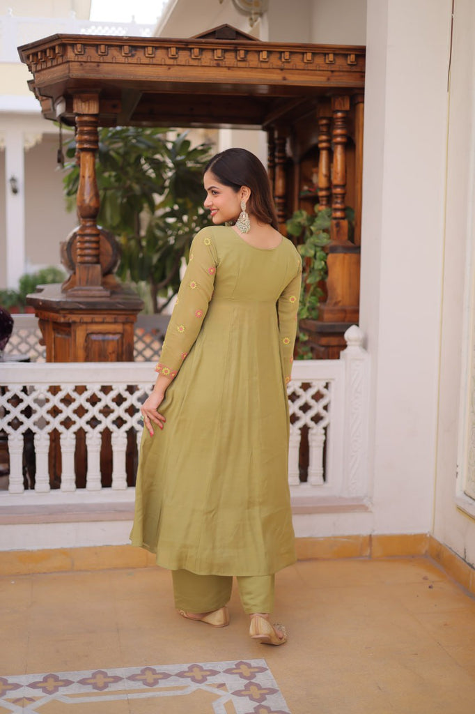 Olive Green Chanderi Kurti Pant Set Clothsvilla