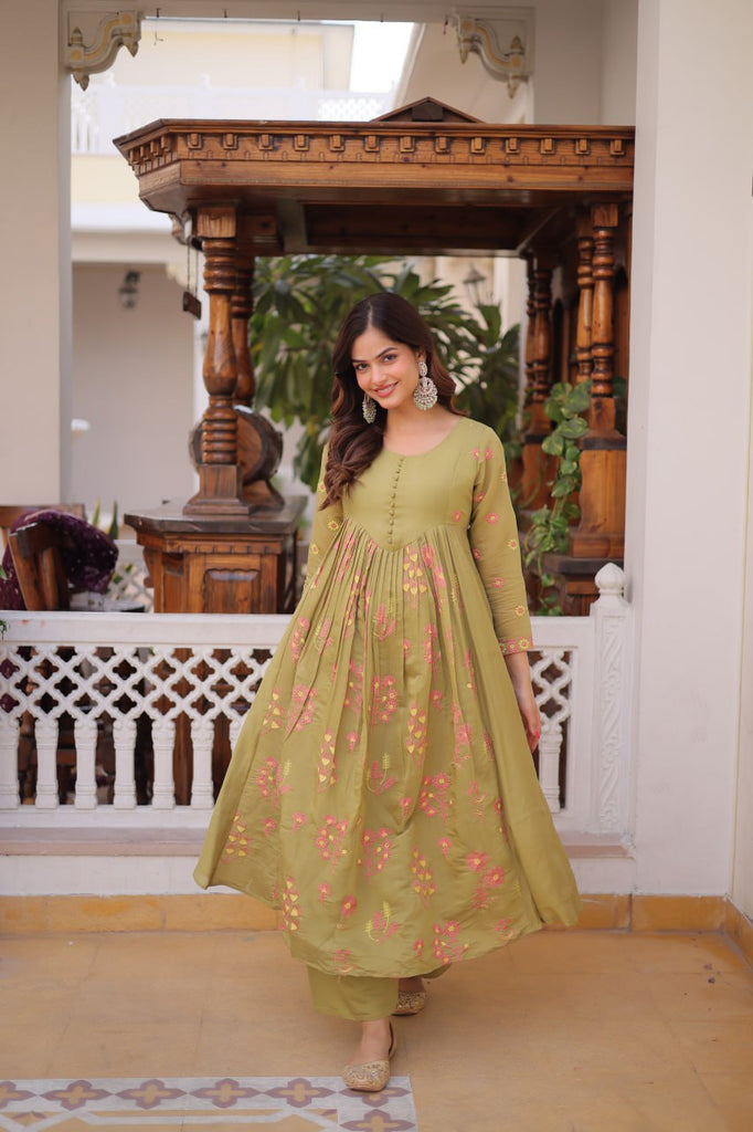 Olive Green Chanderi Kurti Pant Set Clothsvilla