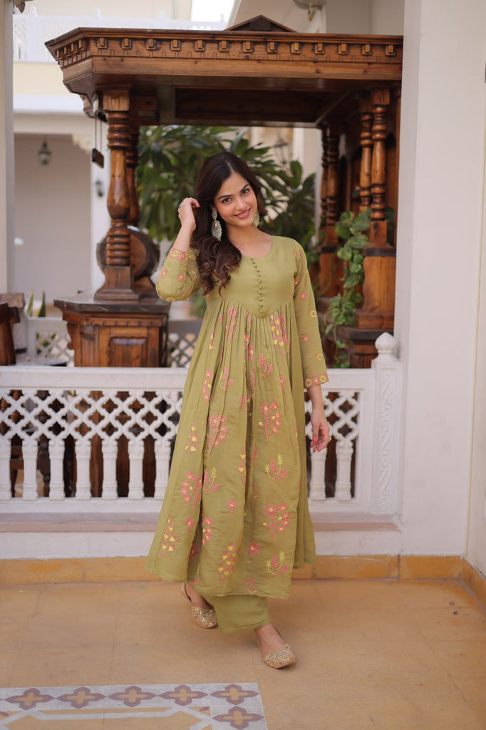 Olive Green Chanderi Kurti Pant Set Clothsvilla