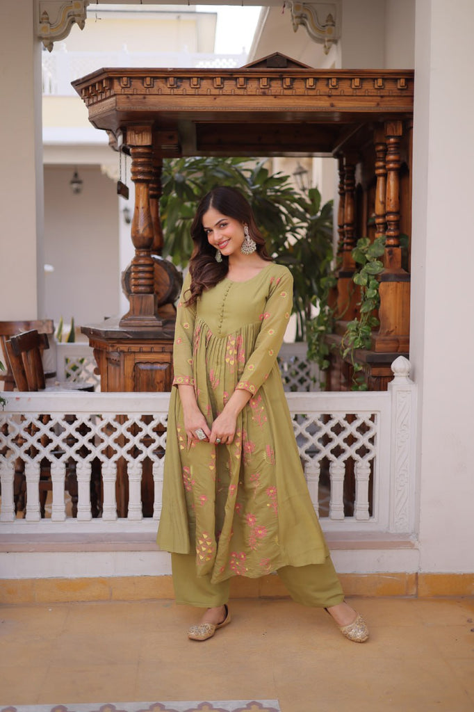 Olive Green Chanderi Kurti Pant Set Clothsvilla