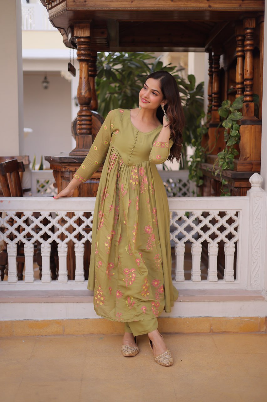 Olive Green Chanderi Kurti Pant Set Clothsvilla