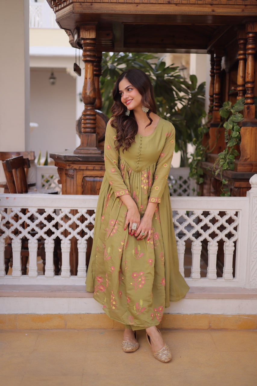 Olive Green Chanderi Kurti Pant Set Clothsvilla