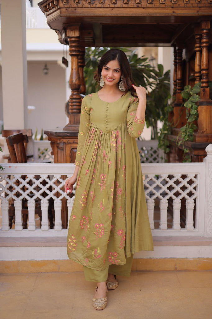 Olive Green Chanderi Kurti Pant Set Clothsvilla