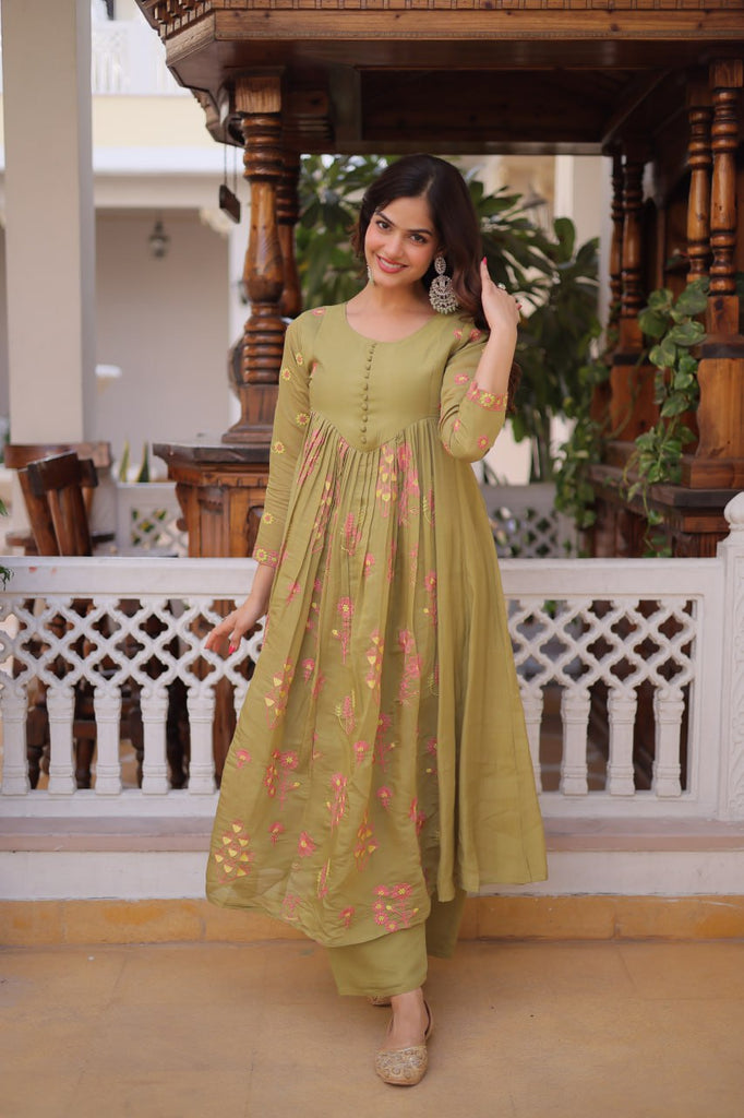 Olive Green Chanderi Kurti Pant Set Clothsvilla