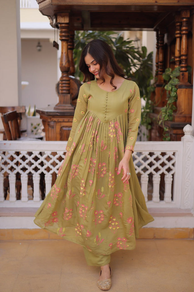 Olive Green Chanderi Kurti Pant Set Clothsvilla