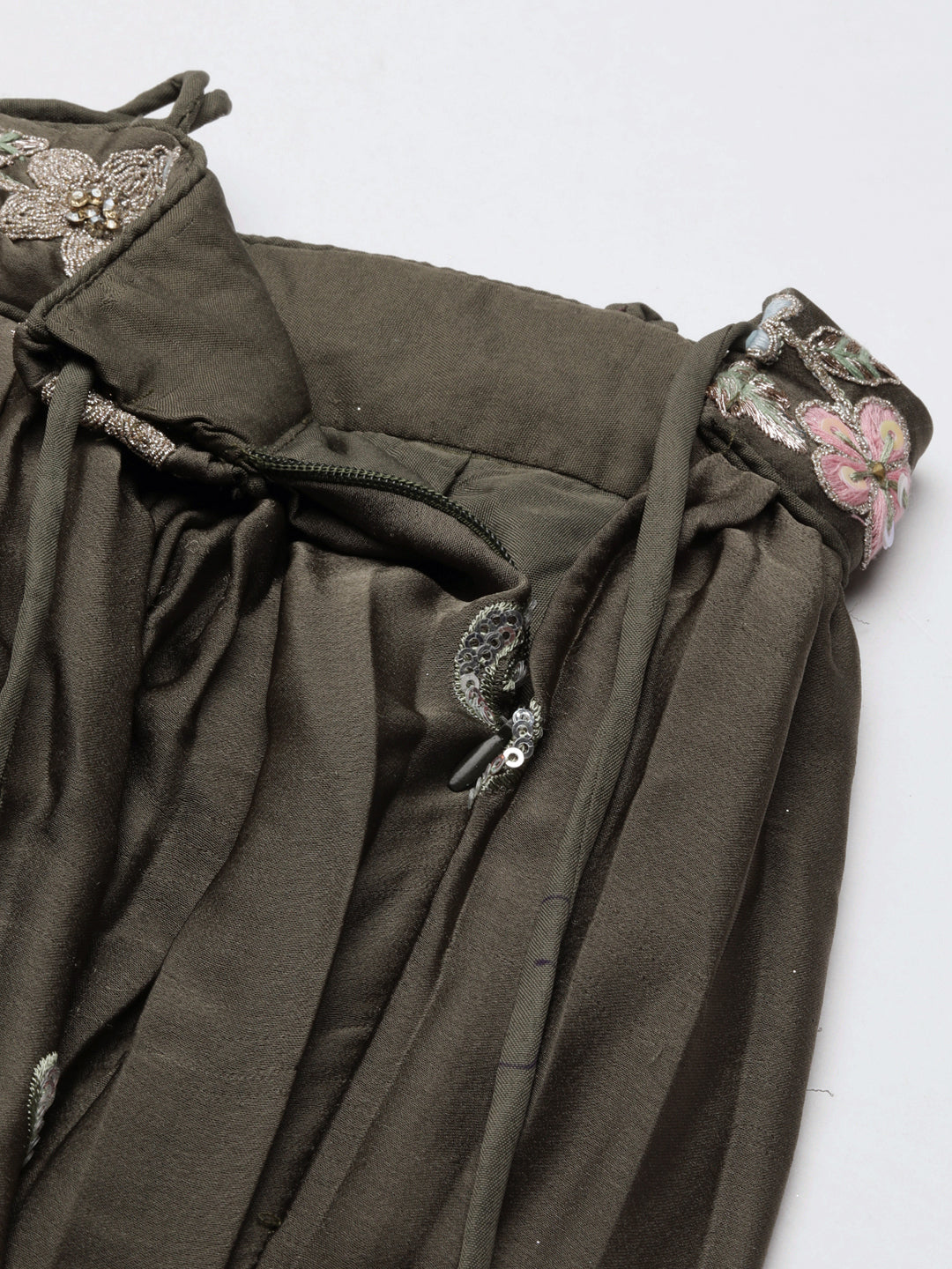 Olive Green Chinon Lehenga Choli Set with Sequin Embroidery & Organza Dupatta ClothsVilla