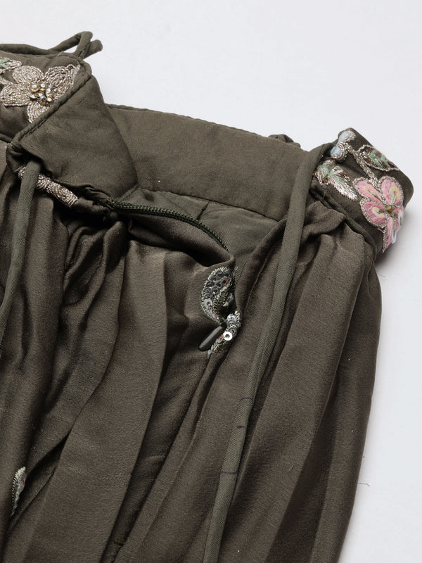 Olive Green Chinon Lehenga Choli Set with Sequin Embroidery & Organza Dupatta ClothsVilla