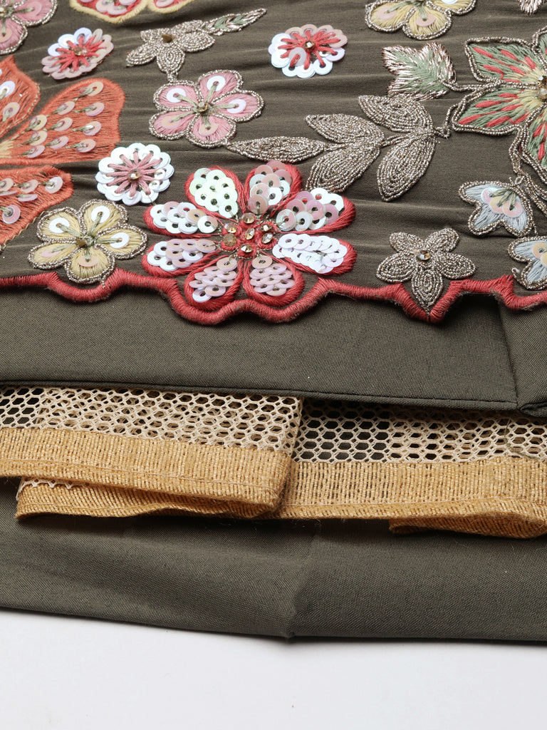 Olive Green Chinon Lehenga Choli Set with Sequin Embroidery & Organza Dupatta ClothsVilla