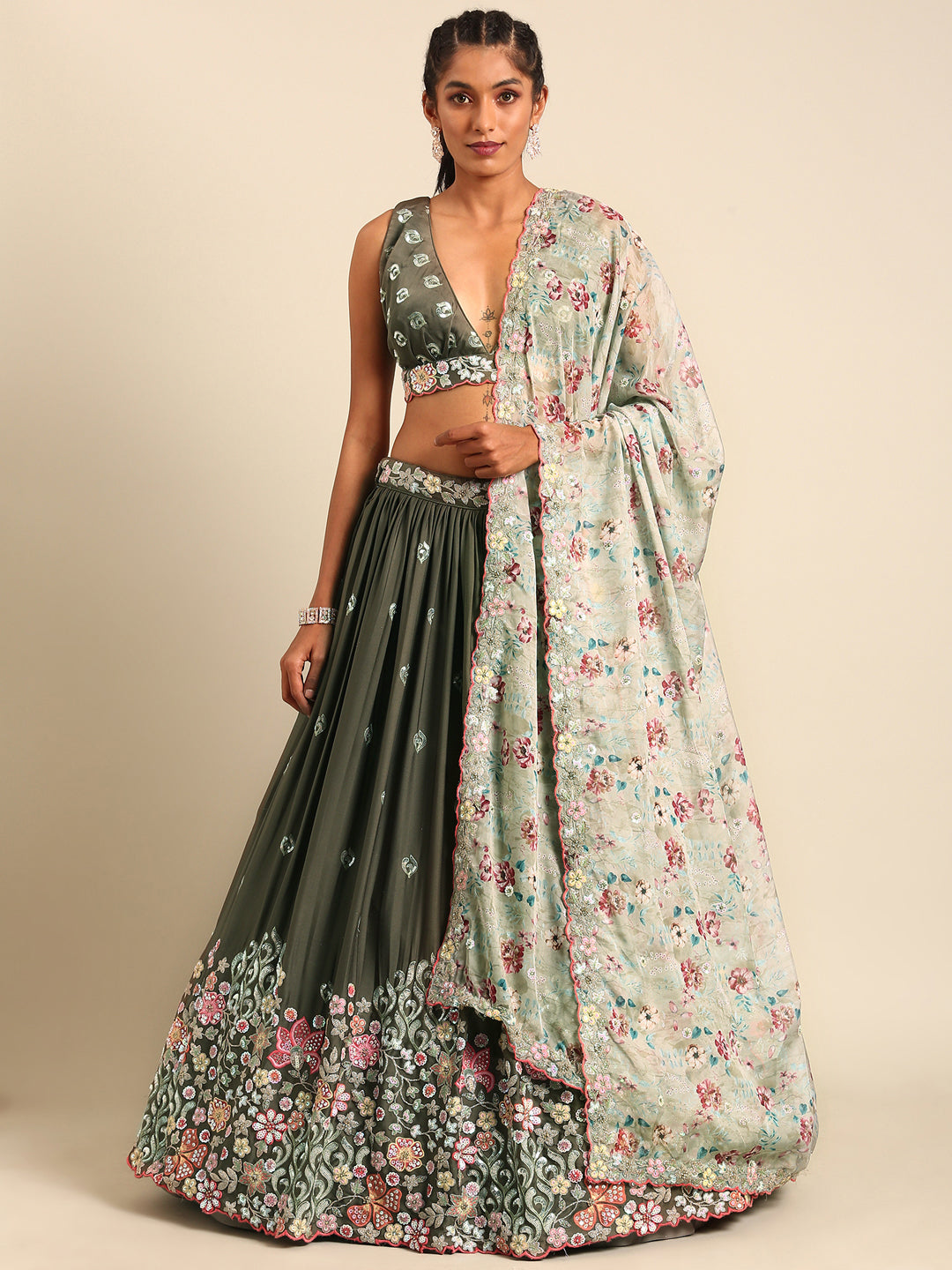 Olive Green Chinon Lehenga Choli Set with Sequin Embroidery & Organza Dupatta ClothsVilla