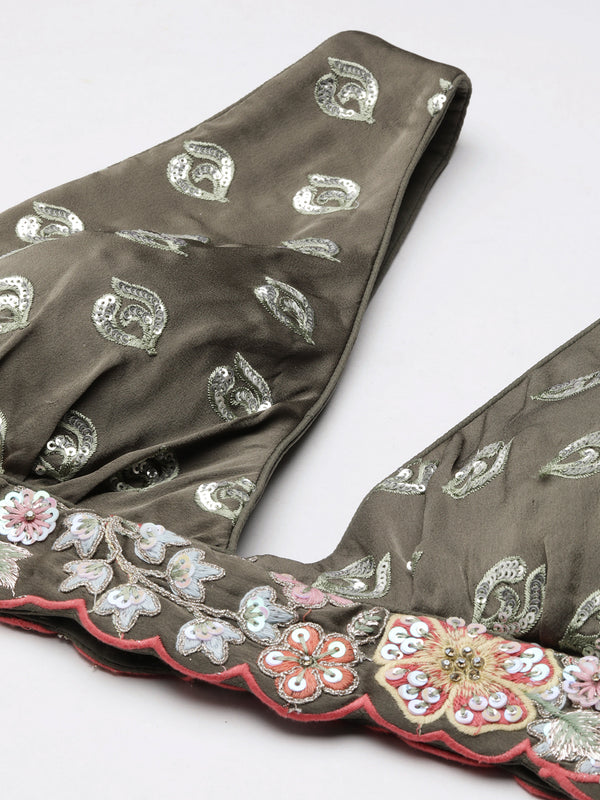 Olive Green Chinon Lehenga Choli Set with Sequin Embroidery & Organza Dupatta ClothsVilla