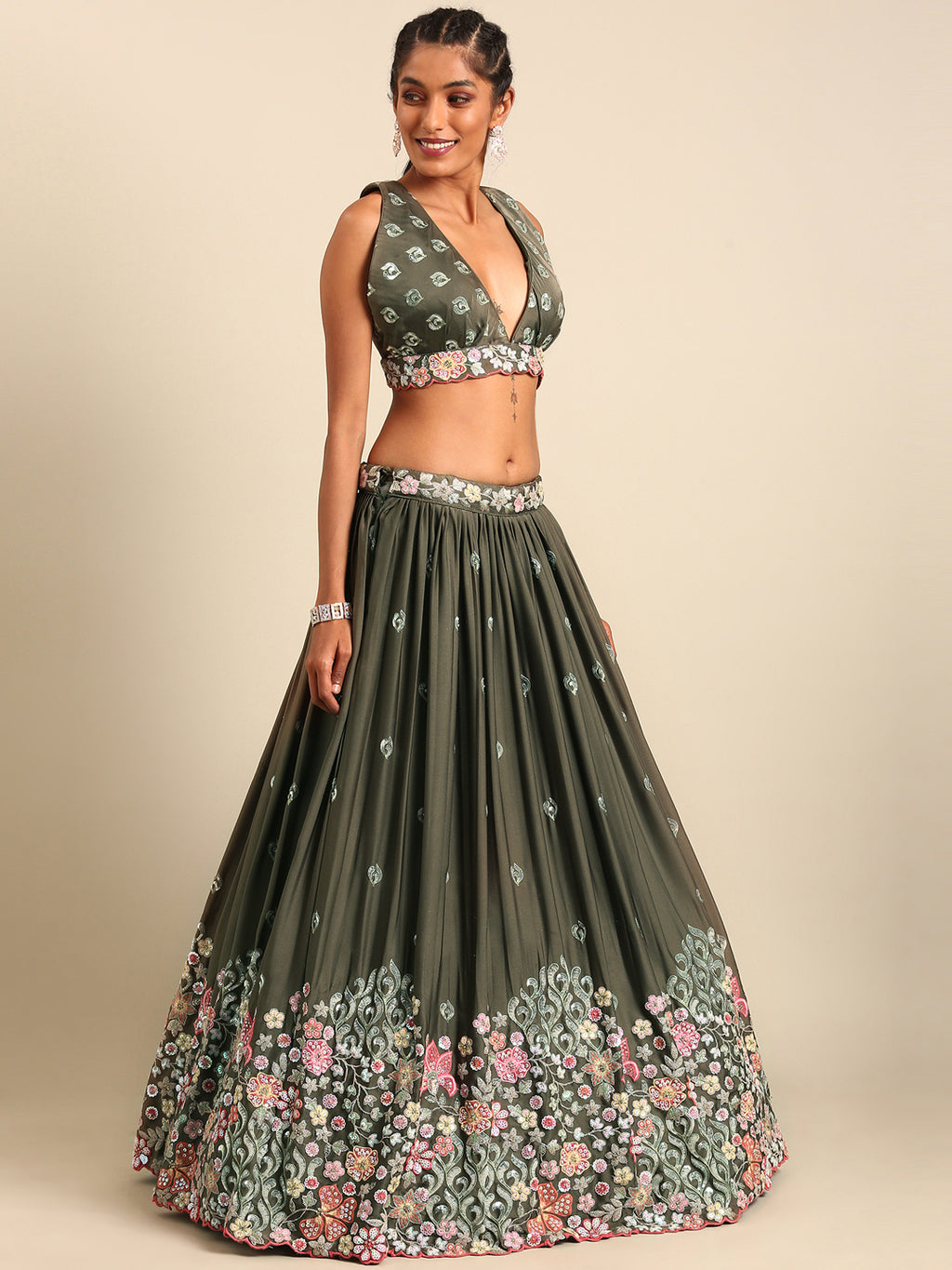 Olive Green Chinon Lehenga Choli Set with Sequin Embroidery & Organza Dupatta ClothsVilla