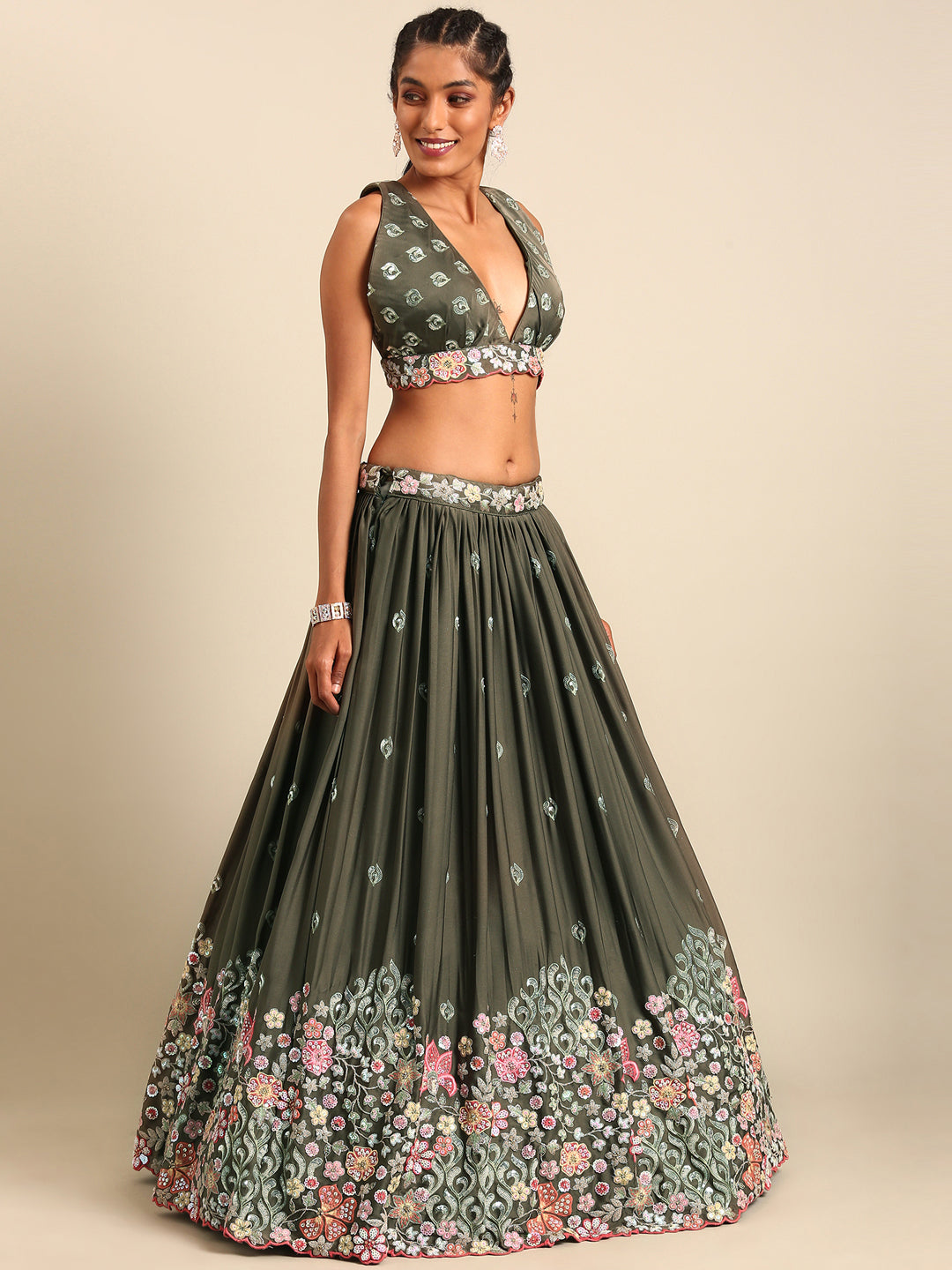 Olive Green Chinon Lehenga Choli Set with Sequin Embroidery & Organza Dupatta ClothsVilla