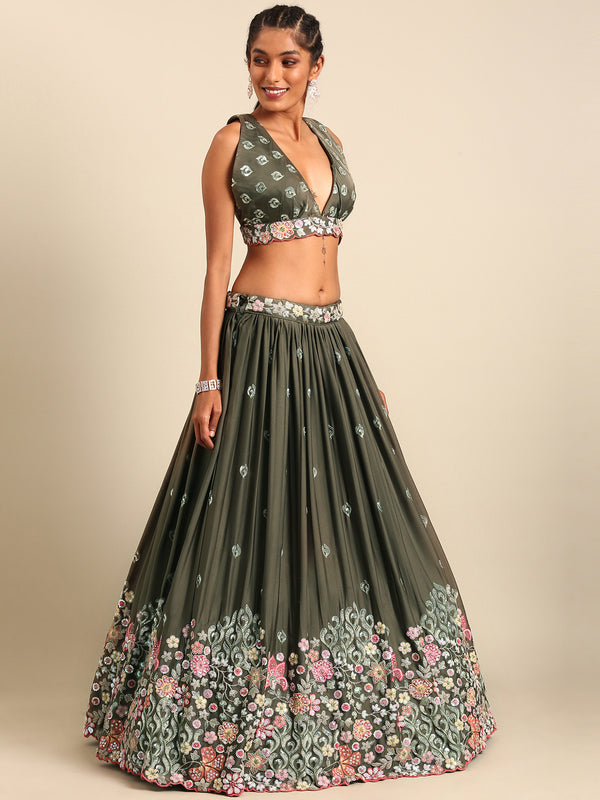 Olive Green Chinon Lehenga Choli Set with Sequin Embroidery & Organza Dupatta ClothsVilla