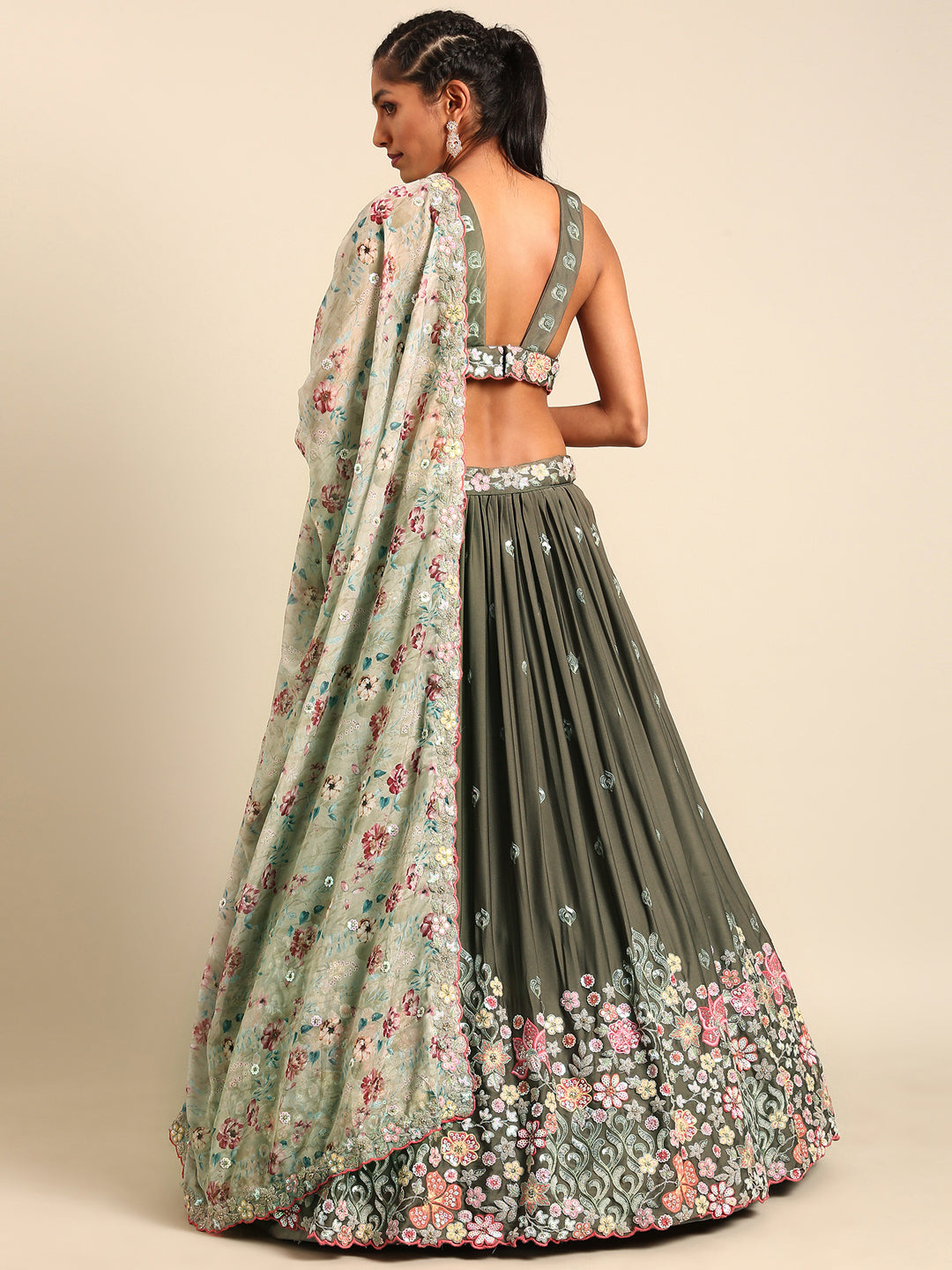 Olive Green Chinon Lehenga Choli Set with Sequin Embroidery & Organza Dupatta ClothsVilla