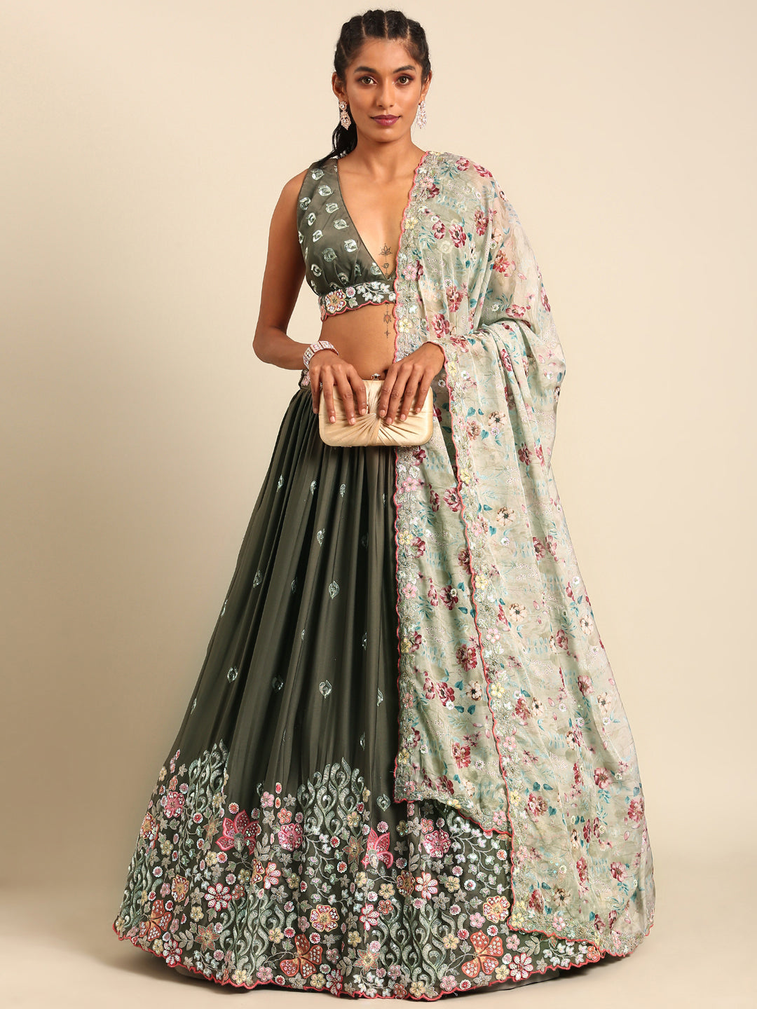 Olive Green Chinon Lehenga Choli Set with Sequin Embroidery & Organza Dupatta ClothsVilla
