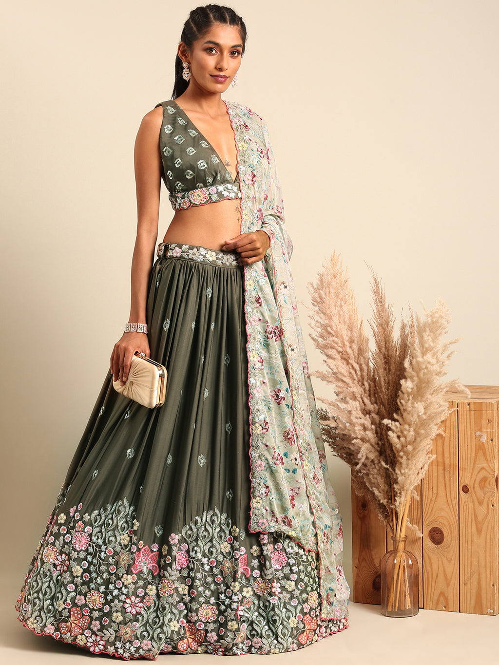 Olive Green Chinon Lehenga Choli Set with Sequin Embroidery & Organza Dupatta ClothsVilla