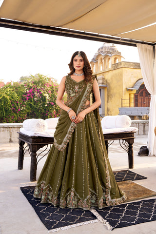 Olive Green Chocolate Crush Sequins & Thread Embroidered Lehenga Choli Set with 4-Meter Flair & Matching Dupatta ClothsVilla