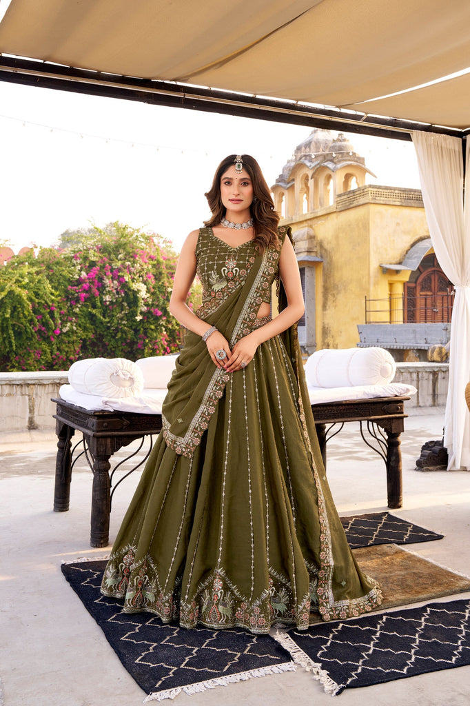 Olive Green Chocolate Crush Sequins & Thread Embroidered Lehenga Choli Set with 4-Meter Flair & Matching Dupatta ClothsVilla