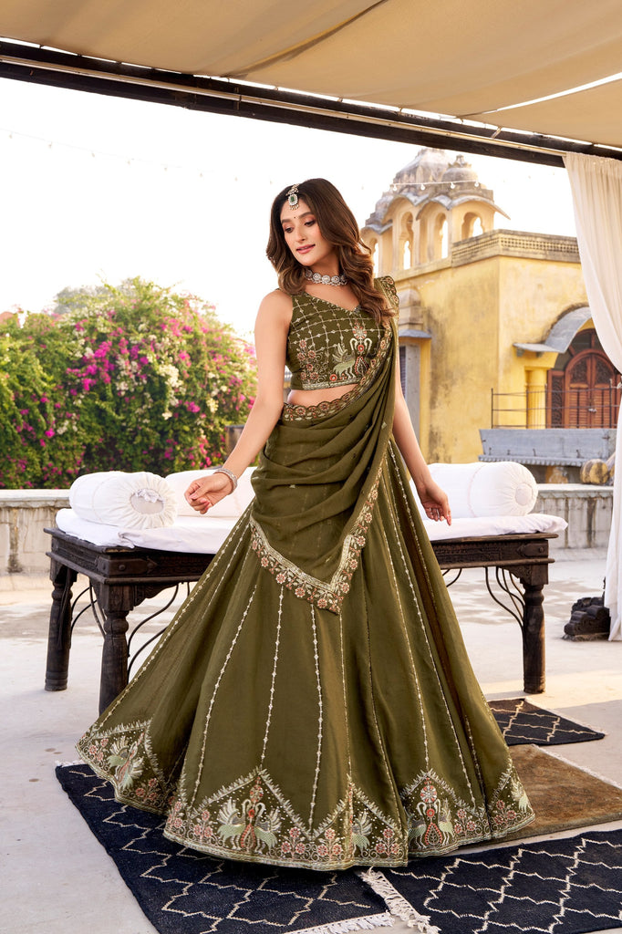 Olive Green Chocolate Crush Sequins & Thread Embroidered Lehenga Choli Set with 4-Meter Flair & Matching Dupatta ClothsVilla