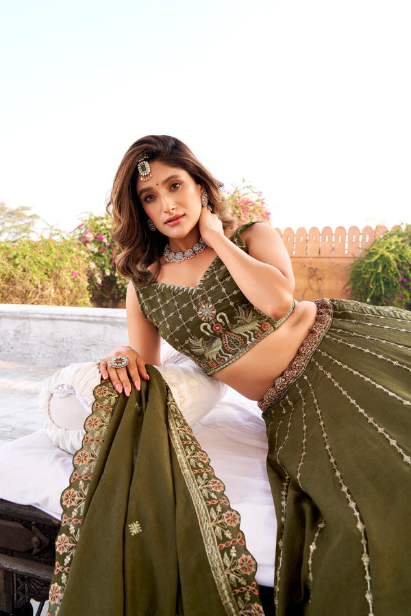 Olive Green Chocolate Crush Sequins & Thread Embroidered Lehenga Choli Set with 4-Meter Flair & Matching Dupatta ClothsVilla